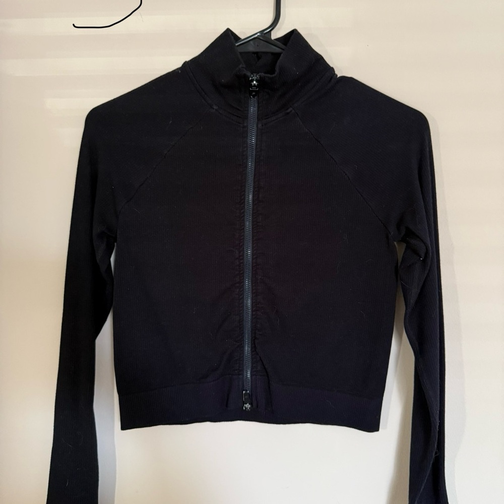 Fabletics Black Bomber Jacket with Cropped Fit and High Collar